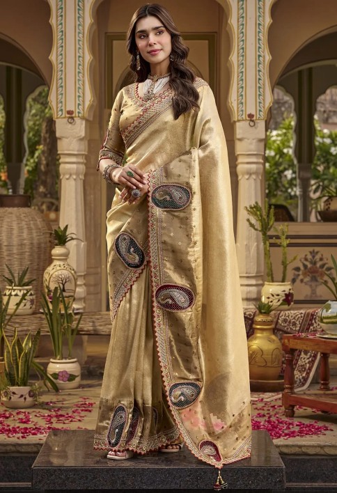 Bronze Gold Embroidered Tissue Silk Saree with Stitched Blouse